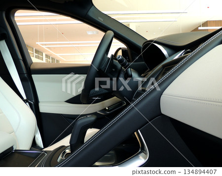 Black and white leather trim of front seats in car interior Black and white leather trim of front seats in car interior 134894407