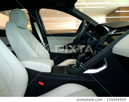 Driver and passenger seats with combined leather upholstery in car Driver and passenger seats with combined leather upholstery in car 134894409