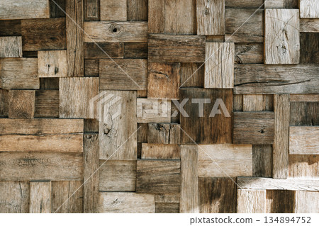 Rustic Reclaimed Wood Block Wall Texture Background 134894752