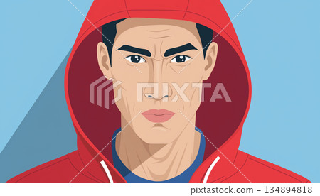 Serious Asian man wearing a red hooded jacket 134894818