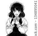 Retro manga illustration of a maid holding her hand to her chest in joy 134895041