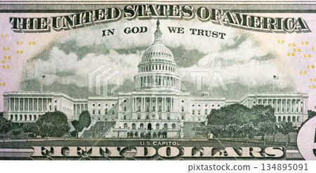 Detail of the back side of the 50 dollar bill 134895091