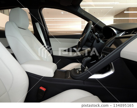 Combination of black and white leather upholstery of premium car interior Combination of black and white leather upholstery of premium car interior 134895165