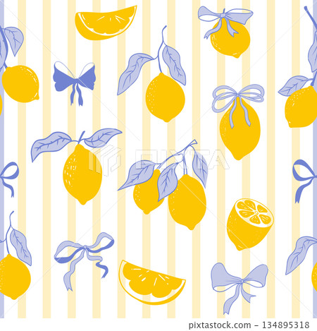 Cute coquette print lemon pattern, bow, stripes. Floral trellis citrus bg, background. Lemon with leaves, lemon slice, part. 134895318