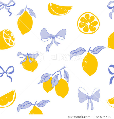 Cute coquette print lemon pattern, bow, stripes. Floral trellis citrus bg, background. Lemon with leaves, lemon slice, part. Cute coquette print lemon pattern, bow, stripes. Floral trellis citrus bg, background. Lemon with leaves, lemon slice, part. 134895320