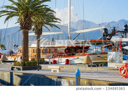 Marina in Tivat Montenegro with Palm Trees and Yachts Marina in Tivat Montenegro with Palm Trees and Yachts 134895363