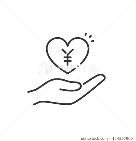代表眾籌和社會安全的向量圖示（線條畫）。心形、手、金錢 134895960
