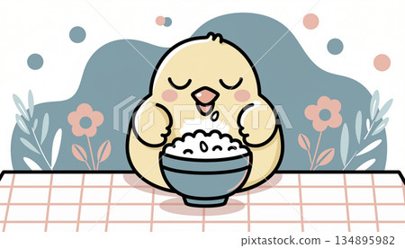 Illustration of a chick eating rice from a bowl 134895982