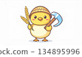 Illustration of a chick holding an ear of rice and a sickle 134895996