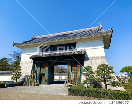 The Otemon Gate of Okazaki Castle in spring, decorated with blue skies and bamboo crafts (Okazaki Castle Park, Okazaki City, Aichi Prefecture) 134896077