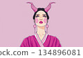 Mysterious woman dressed as a devil with pink horns 134896081