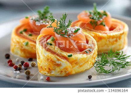 Menu design. High-protein breakfast. Breakfasts served in hotels. Breakfast sushi: scrambled eggs and smoked salmon rolls. Viral food trend. 134896164
