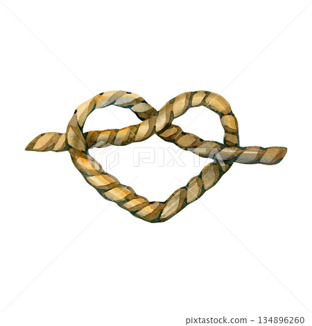 Delicate watercolor illustration of a thick hemp rope tied into a heart-shaped knot. This hand-painted nautical element features realistic textures and warm tones, symbolizing love, strength, and 134896260