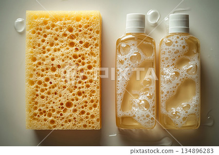 Brand friendly. Hygiene concept. Close-up. Top view. Yellow sponge with cleaning agent with soap bubbles. Brand friendly. Hygiene concept. Close-up. Top view. Yellow sponge with cleaning agent with soap bubbles. 134896283
