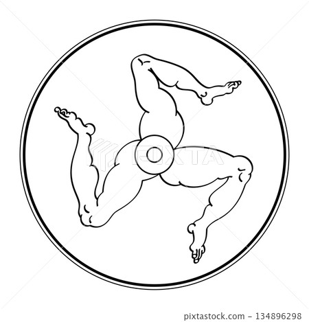 Trinacria, the Sicilian triskelion or triskeles, ancient symbol consisting of three human legs, rotating around a center. In Hellenistic period it became associated with the island of Sicily. Vector 134896298