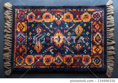 Handwoven rug texture with geometric print on a white background. Top view. Handwoven rug texture with geometric print on a white background. Top view. 134896356