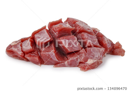 Raw beef stew meat, pre cut into lean chunks isolated on a white background 134896470