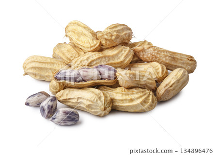 A pile of boiled peanuts in their shells isolated on a white background 134896476