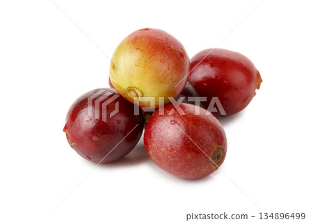 A pile of Red Coffee Cherry isolated on a white background 134896499