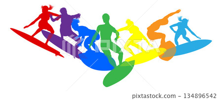 Surfer Surfboard Surfers Men Women Silhouettes Surfer Surfboard Surfers Men Women Silhouettes 134896542