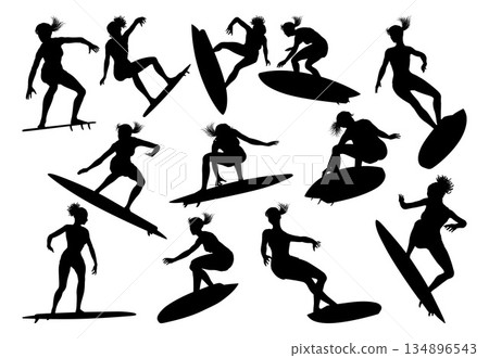 Women Surfers Surfboard Female Surfers Silhouettes Women Surfers Surfboard Female Surfers Silhouettes 134896543