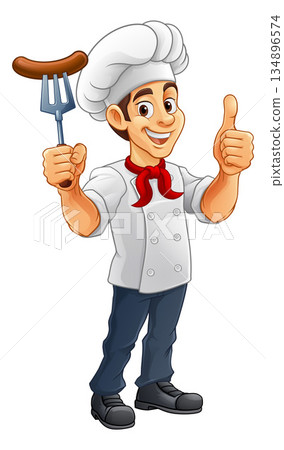 Chef Cartoon Hotdog Sausage Cook Food Man Mascot Chef Cartoon Hotdog Sausage Cook Food Man Mascot 134896574