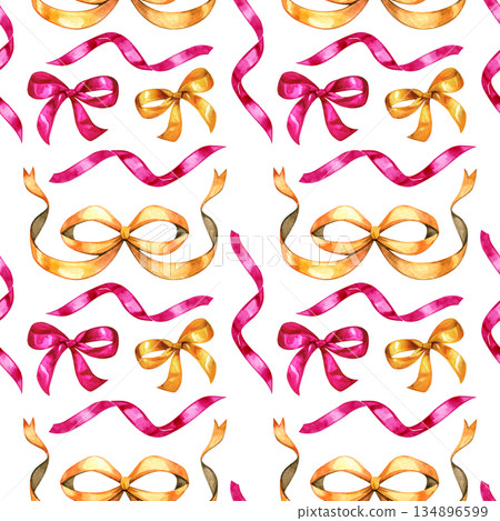 Watercolor seamless pattern with elegant ribbons and bows in pink and golden tones. Hand painted decorative elements create a festive, romantic design perfect for gift wrap, textiles, stationery Watercolor seamless pattern with elegant ribbons and bows in pink and golden tones. Hand painted decorative elements create a festive, romantic design perfect for gift wrap, textiles, stationery 134896599