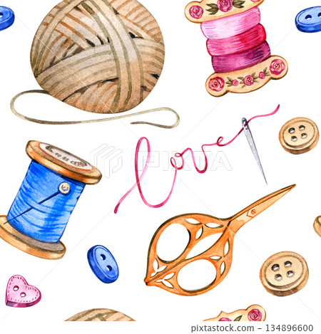Watercolor seamless pattern with cozy needlework elements including yarn balls, thread spools, buttons, scissors, and needle with word love. Hand painted craft design for sewing projects, textiles Watercolor seamless pattern with cozy needlework elements including yarn balls, thread spools, buttons, scissors, and needle with word love. Hand painted craft design for sewing projects, textiles 134896600