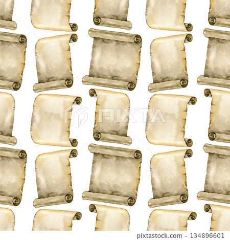 Hand-painted seamless watercolor pattern featuring repeating antique parchment scrolls with rolled edges and aged paper character. Ideal for historical designs, fantasy projects, stationery, packaging 134896601