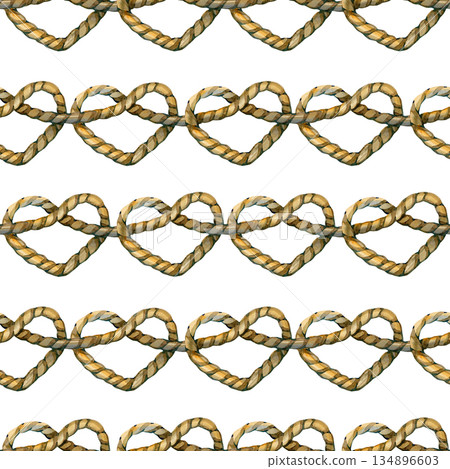 Elegant watercolor seamless pattern featuring repeating rows of thick hemp rope tied into heart-shaped knots. Hand-painted nautical design with realistic textures, symbolizing love, strength, and 134896603