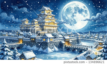 月光下的姬路城被白雪覆蓋 134896621