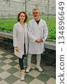 Scientists examine crops, Plant scientists observe and document hydroponic vegetable cultivation processes, Research experts inspect and record data on hydroponic lettuce production inside glasshouse 134896649
