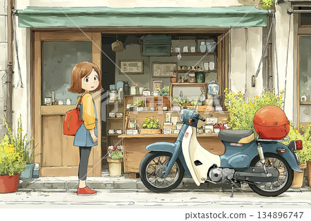 一位女士和一輛摩托車停在商業街上 | Miyu系列插畫，描繪了日常購物和生活 134896747
