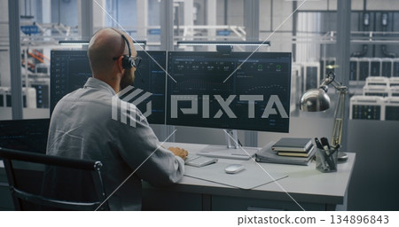 Cloud System Monitoring, Engineer on Headset Analyzing Performance Metrics, Cloud System Monitoring, Engineer on Headset Analyzing Performance Metrics, 134896843
