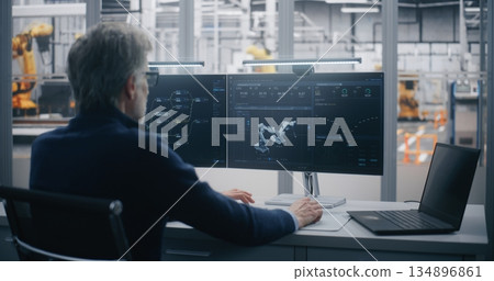 Experienced Manager Performs Remote Maintenance and Diagnosis of Industrial Equipment 134896861