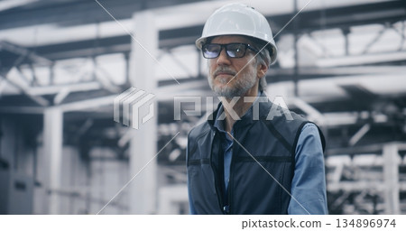 Experienced Male Executive Walking Through Modern Factory Experienced Male Executive Walking Through Modern Factory 134896974
