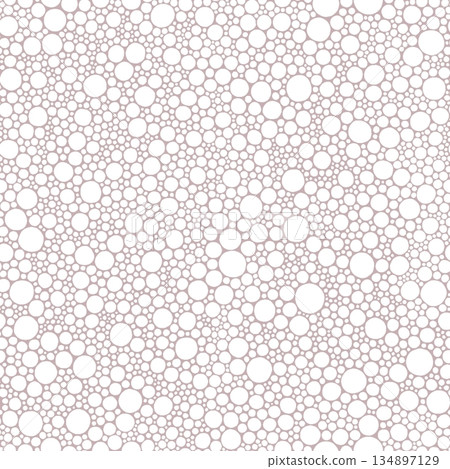 Seamless pattern of white circles in random sizes on soft pink background. Organic layout creates playful, airy texture. Perfect for stationery, kidswear, wrapping paper, modern decor, digital use 134897129