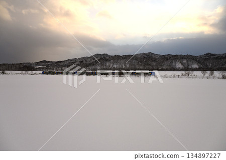 佐羅別捷特快列車穿越白雪皚皚的田野。 134897227