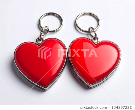 Romantic accessories. Metal heart-shaped keychain on white background. 134897228