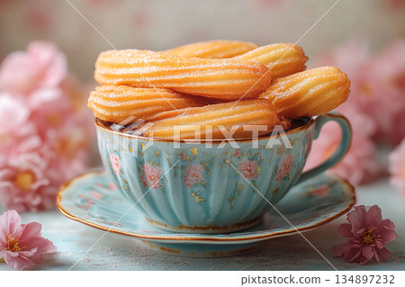 Afternoon tea. Various of Mexican churros with chocolate. Street food setting. Cultural and global dessert. 134897232