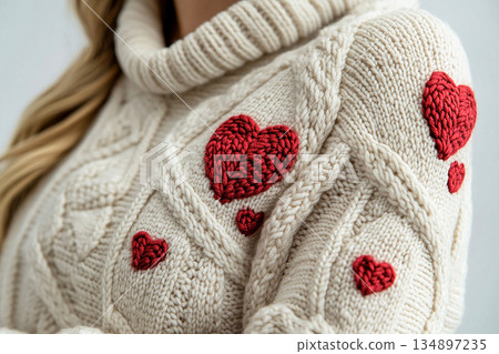 Handcraft. Red heart pattern is crochet on a modern sweater. Creative hobby. Valentines Day concept. Handcraft. Red heart pattern is crochet on a modern sweater. Creative hobby. Valentines Day concept. 134897235