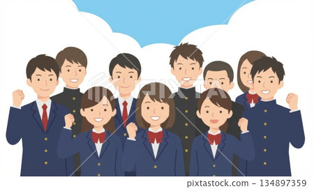 一幅插圖，描繪了一群面帶笑容的高中生在藍天下擊掌慶祝。 134897359