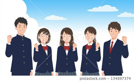 一群高中生在藍天下揮舞著拳頭，對未來充滿希望。 134897374