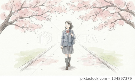 一位身穿制服的高中女生，神情充滿希望地走在一排盛開的櫻花樹下。 134897379