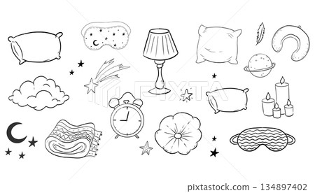 Sleep set hand drawn night symbols doodle. Pillow line bedroom relax, sleeping mask, stars and moon. Warm cozy clothes, socks. Sleepy mood, Sleep set hand drawn night symbols doodle. Pillow line bedroom relax, sleeping mask, stars and moon. Warm cozy clothes, socks. Sleepy mood, 134897402
