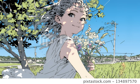A young woman fluttering her skirt in the spring breeze 134897570