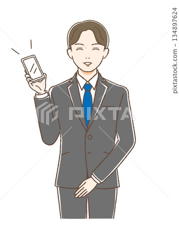 一名身穿西裝的男子麵帶微笑,手裡拿著一支智慧型手機。 一名身穿西裝的男子麵帶微笑,手裡拿著一支智慧型手機。 134897624