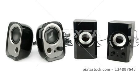 Collection of modern black computer speakers isolated on white background. Collection of modern black computer speakers isolated on white background. 134897643