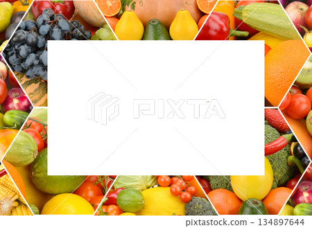 Vibrant collage frame of fresh fruits and vegetables with white copy space. Vibrant collage frame of fresh fruits and vegetables with white copy space. 134897644