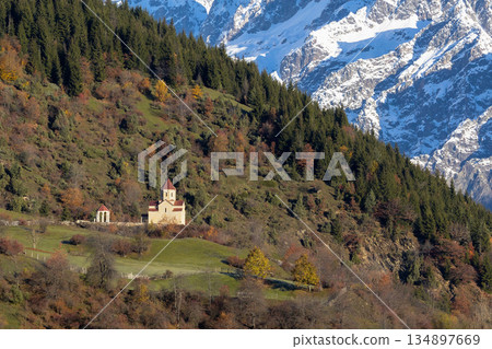 a church in Georgian mountains of Svaneti a church in Georgian mountains of Svaneti 134897669